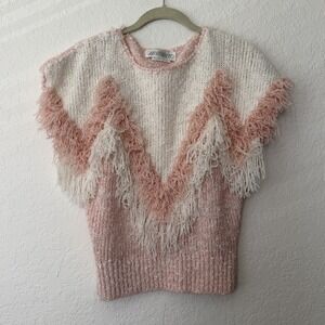 Vintage Womens 80s Sideffects Sweater Top Hand Crochet Shaggy Fringe Pink White